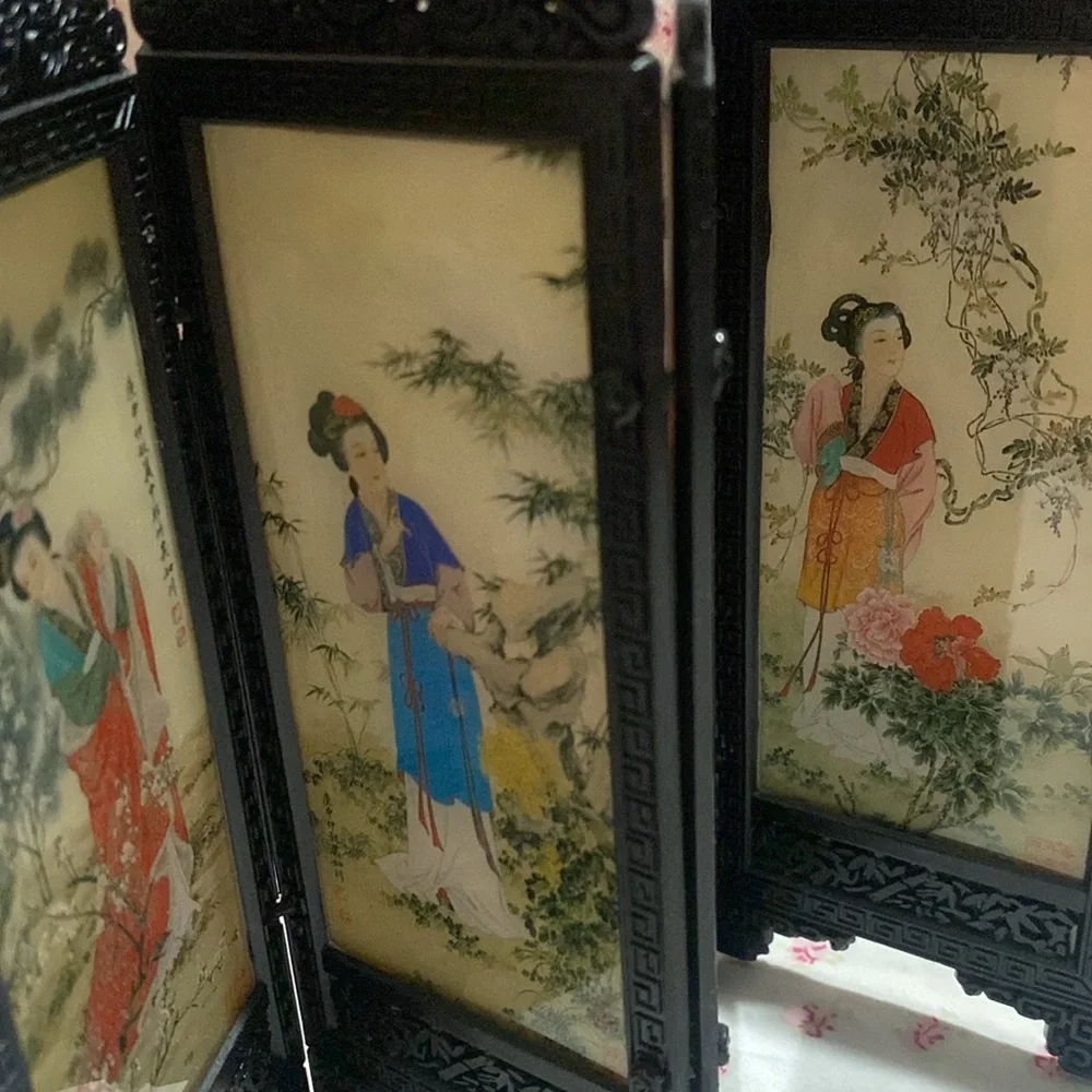 Miniature 1:12 scale Black Folding Decorative Screen with Asian Art - Picture 3 of 6